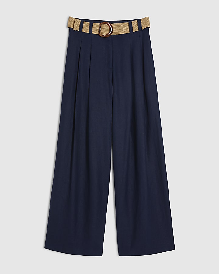 Navy Raffia Belted Wide Leg Trousers