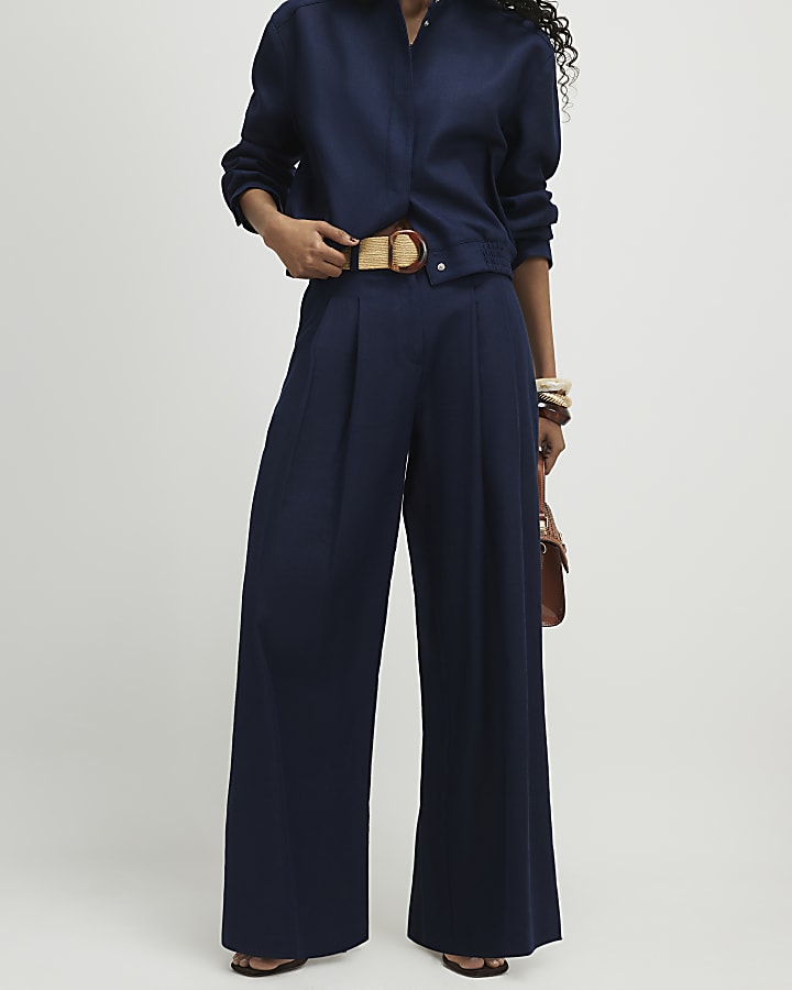 Navy Raffia Belted Wide Leg Trousers