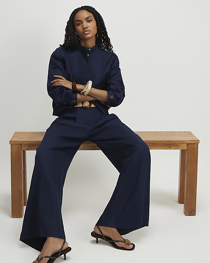 Navy Raffia Belted Wide Leg Trousers