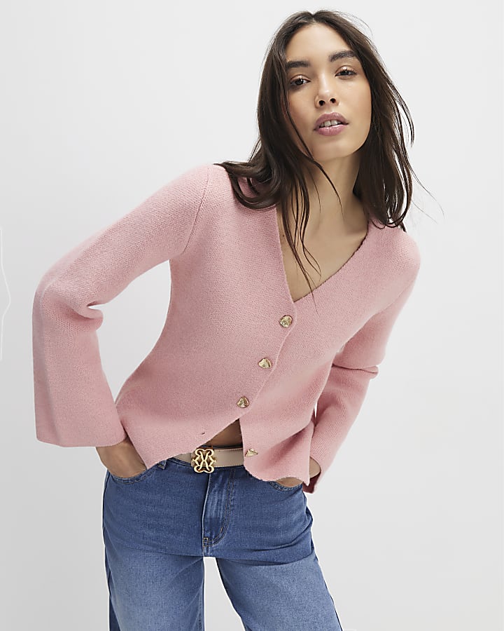 Pink Long Sleeve Button Detail Cardigan