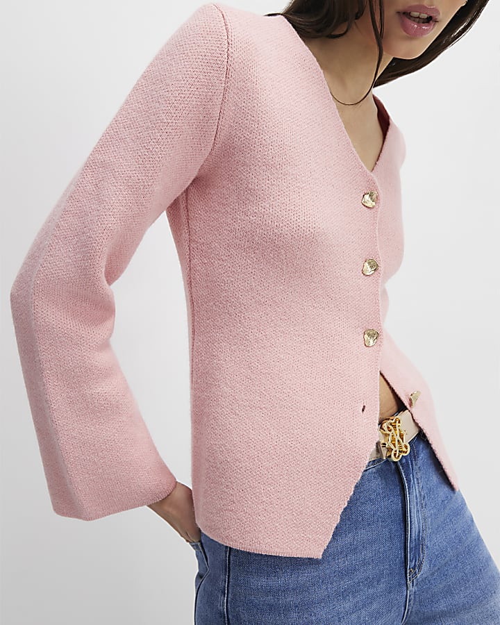 Pink Long Sleeve Button Detail Cardigan
