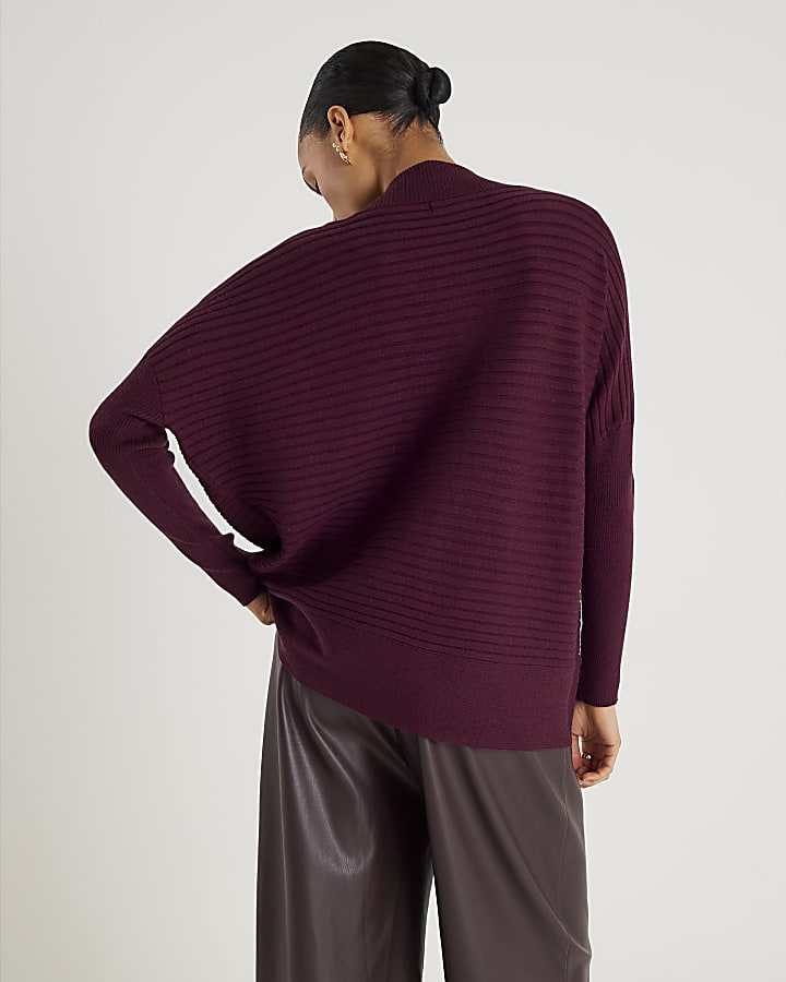 Red Knitted V Neck Ribbed Jumper