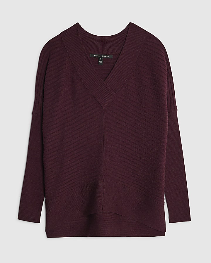 Red Knitted V Neck Ribbed Jumper