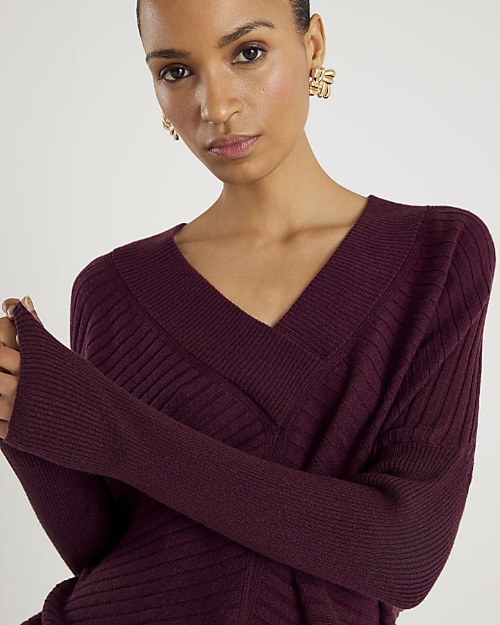 Red Knitted V Neck Ribbed Jumper