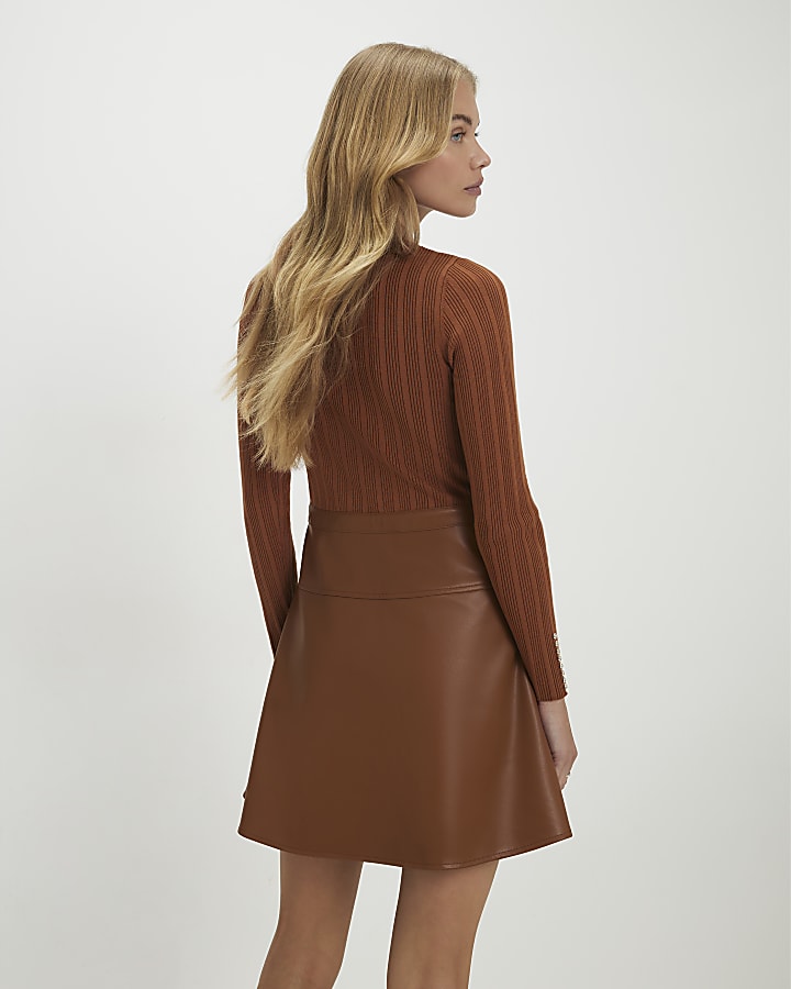 Brown Faux Leather Hybrid Mini Dress