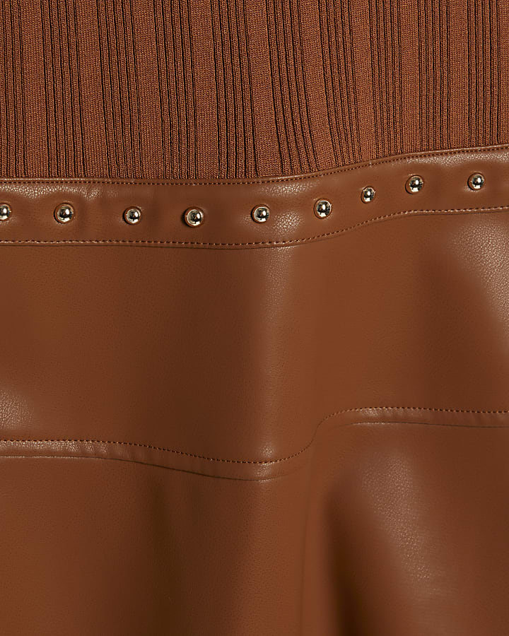 Brown Faux Leather Hybrid Mini Dress