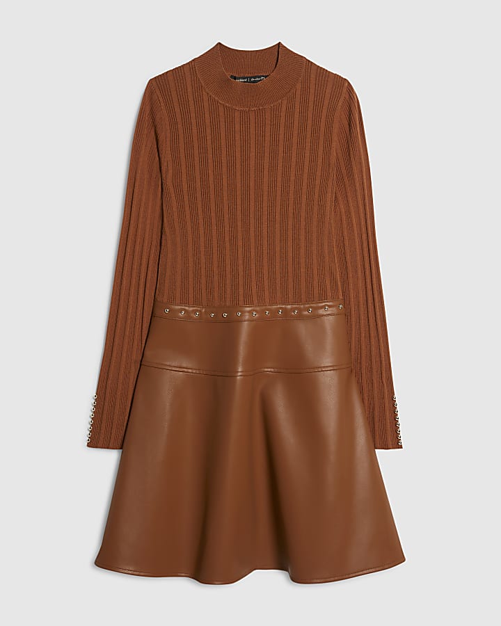 Brown Faux Leather Hybrid Mini Dress