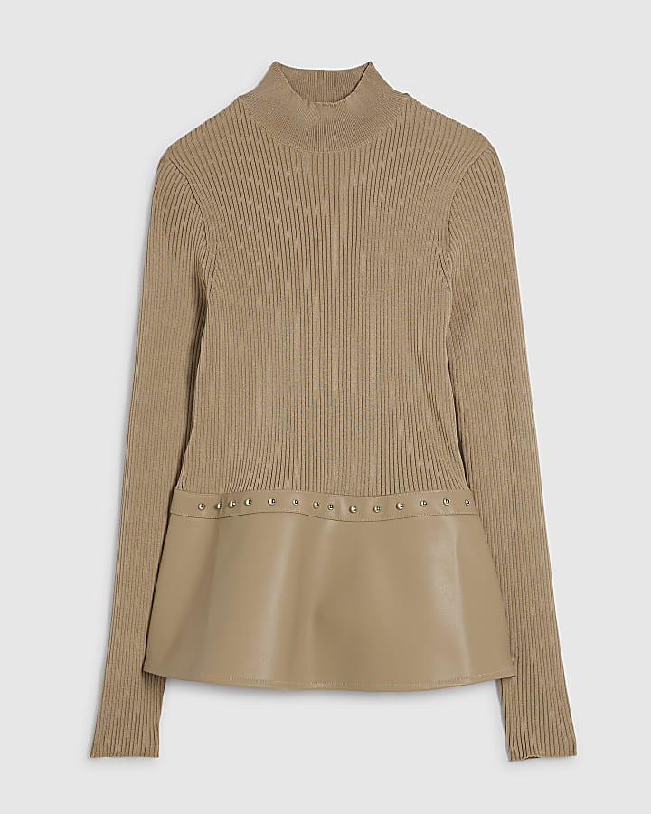 Beige Faux Leather Peplum Hem Top