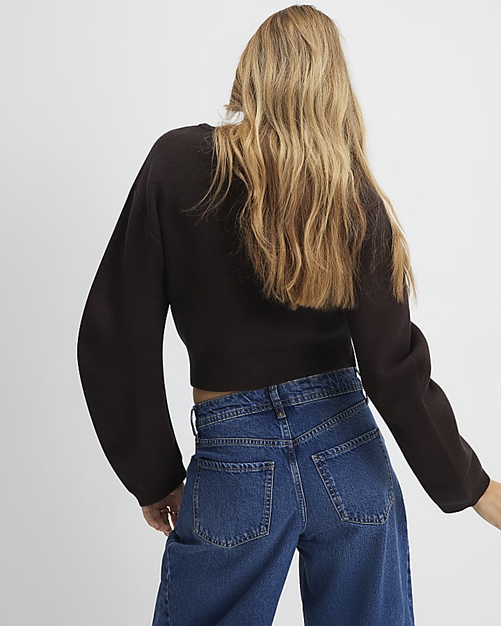 Brown Knitted Structured Sleeve Cardigan