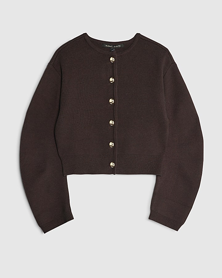 Brown Knitted Structured Sleeve Cardigan