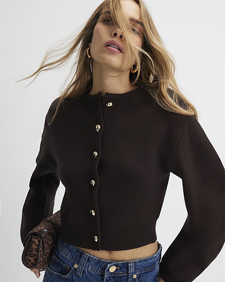 Brown Knitted Structured Sleeve Cardigan