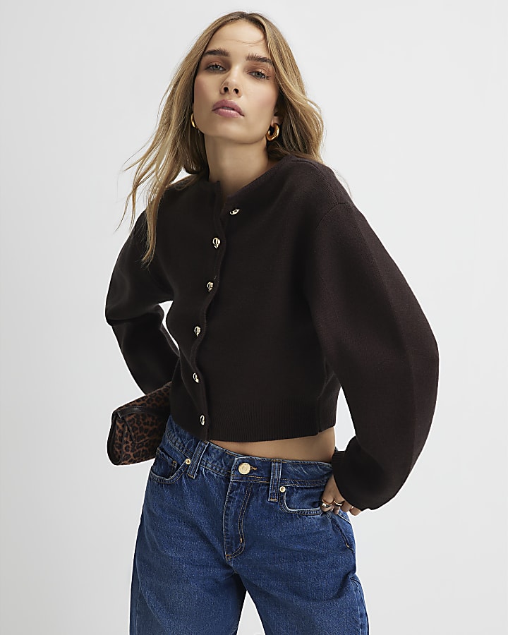 Brown Knitted Structured Sleeve Cardigan