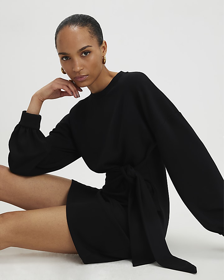 Black Long Sleeve Knot Side Mini Dress