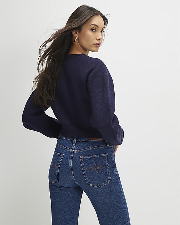 Navy Knitted Structured Sleeve Cardigan