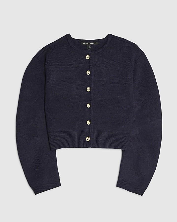 Navy Knitted Structured Sleeve Cardigan