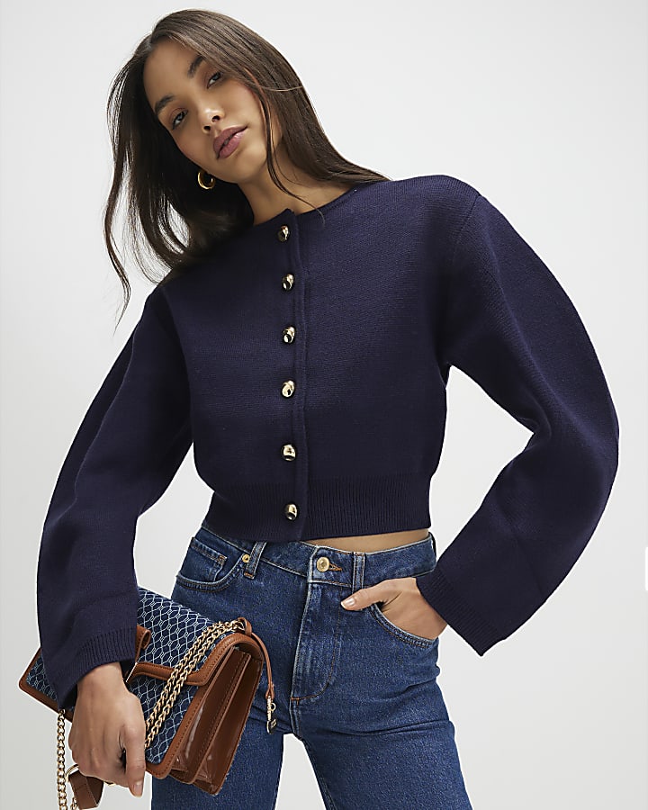 Navy Knitted Structured Sleeve Cardigan
