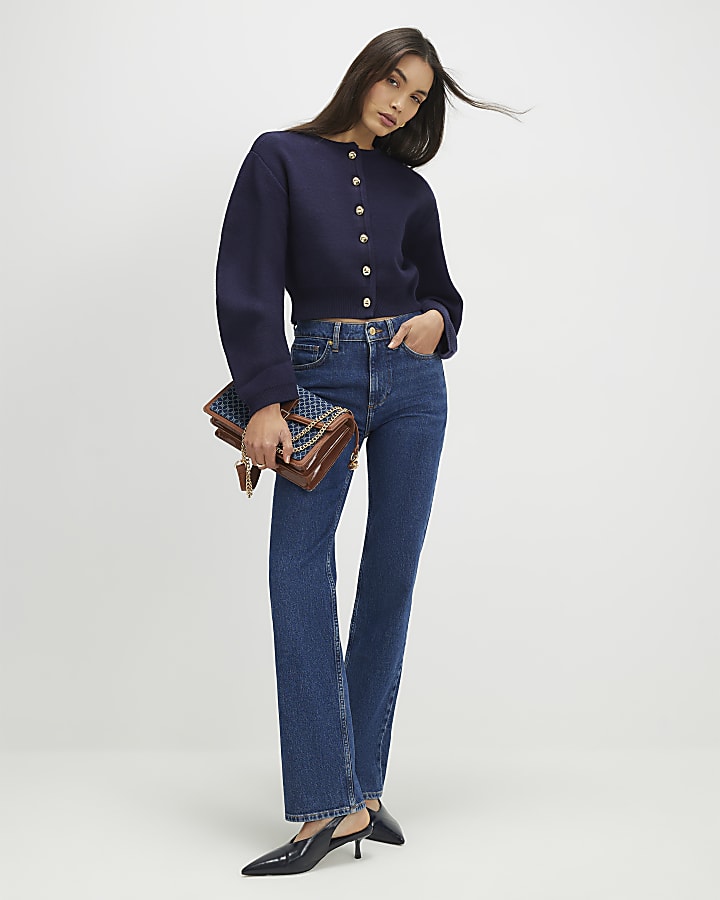 Navy Knitted Structured Sleeve Cardigan