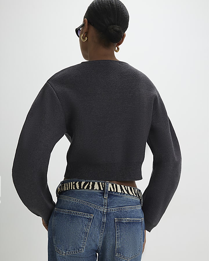 Grey Knitted Structured Sleeve Cardigan