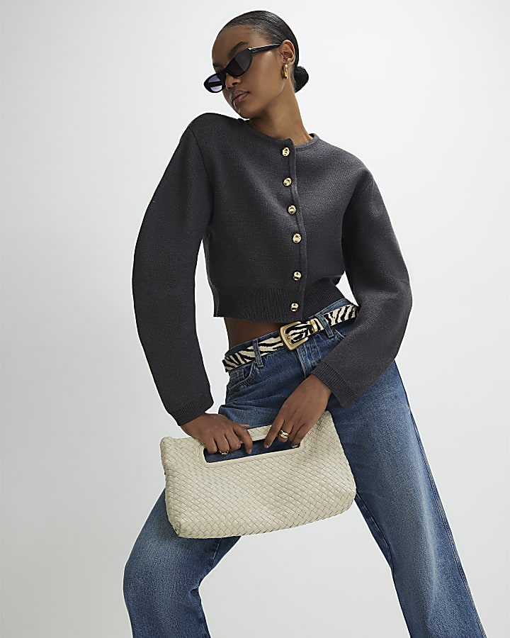 Grey Knitted Structured Sleeve Cardigan