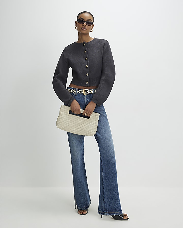 Grey Knitted Structured Sleeve Cardigan