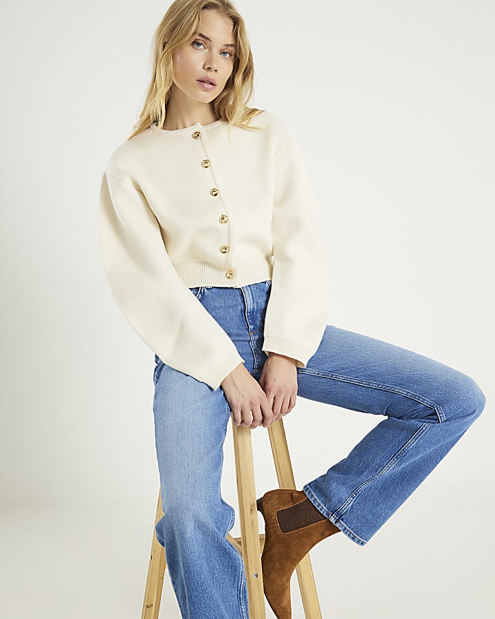 Cream Knitted Structured Sleeve Cardigan