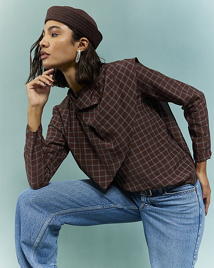 Brown Check Cowl Neck Drape Blouse