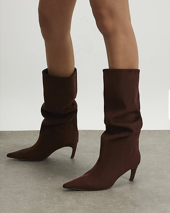 Brown Faux Suede Slouch High Leg Boots