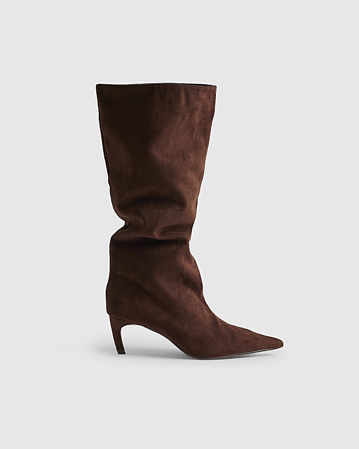 Brown Faux Suede Slouch High Leg Boots