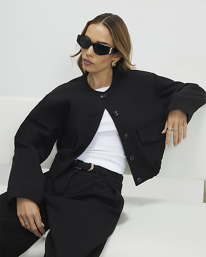 Black Pocket Detail Bomber Jacket