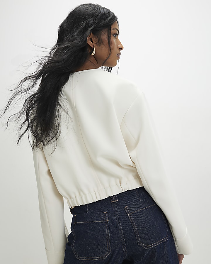 Cream Long Sleeve Pocket Detail Bomber Jacket