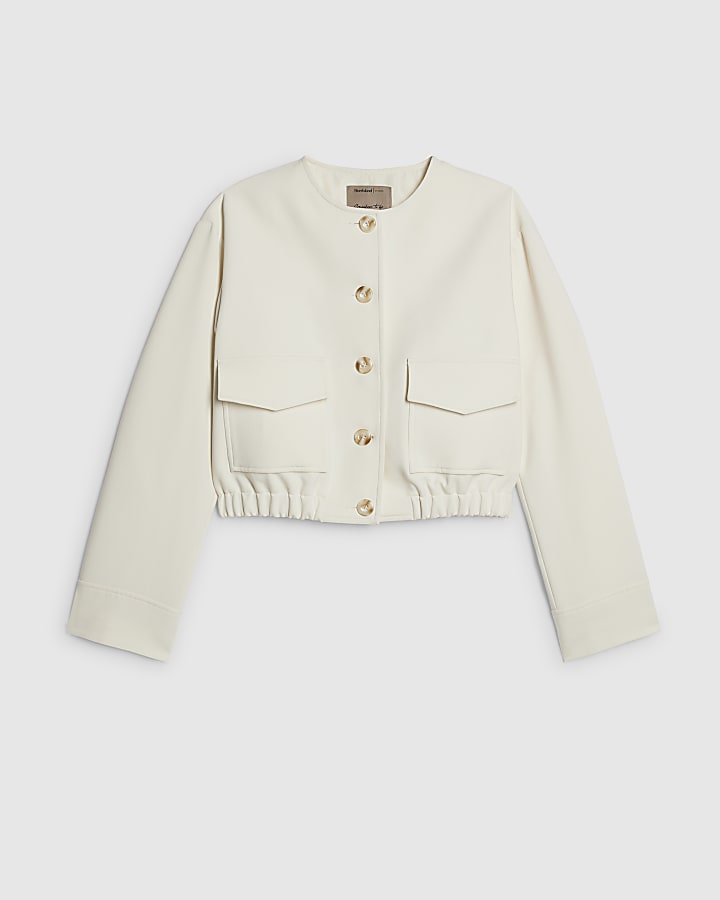 Cream Long Sleeve Pocket Detail Bomber Jacket