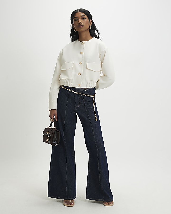 Cream Long Sleeve Pocket Detail Bomber Jacket