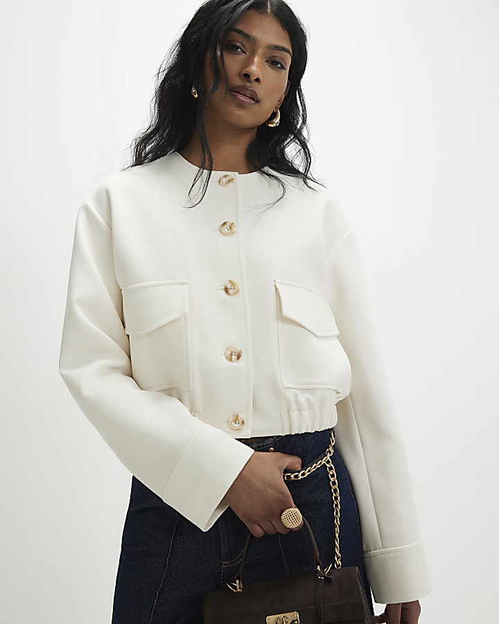 Cream Long Sleeve Pocket Detail Bomber Jacket