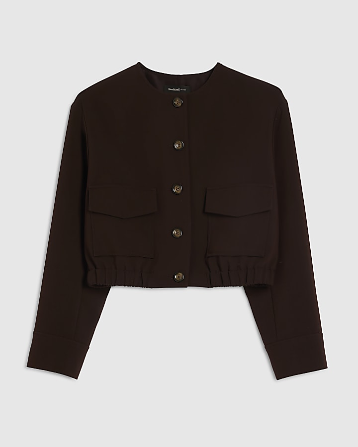 Brown Long Sleeve Front Pocket Bomber Jacket