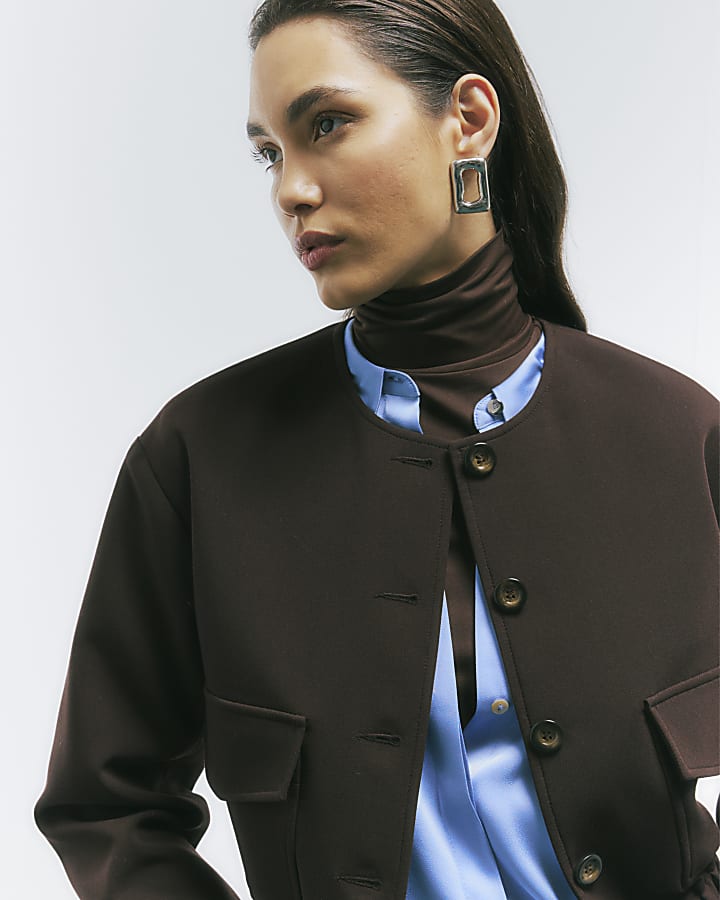 Brown Long Sleeve Front Pocket Bomber Jacket