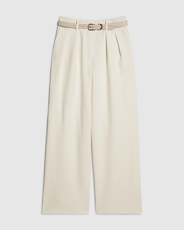 Cream Belted Wide Leg Trousers