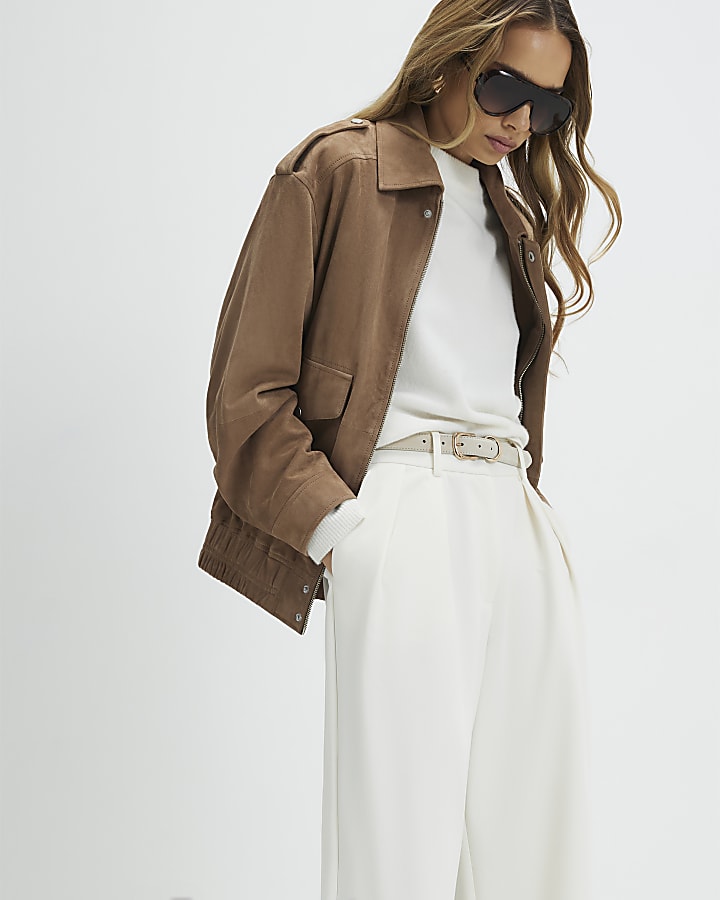 Cream Belted Wide Leg Trousers