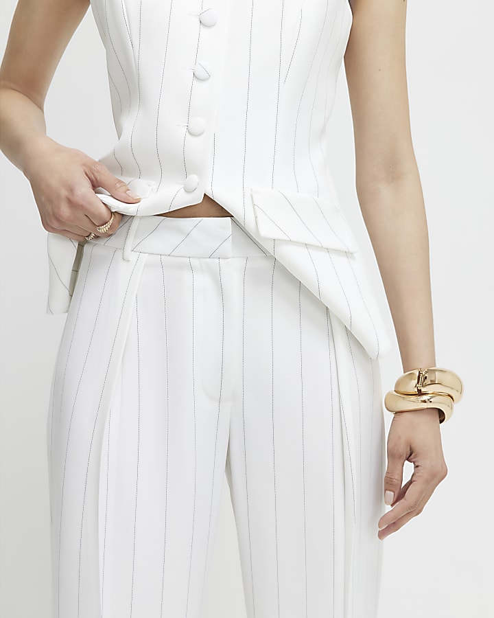 Cream Striped Wide Leg Trousers