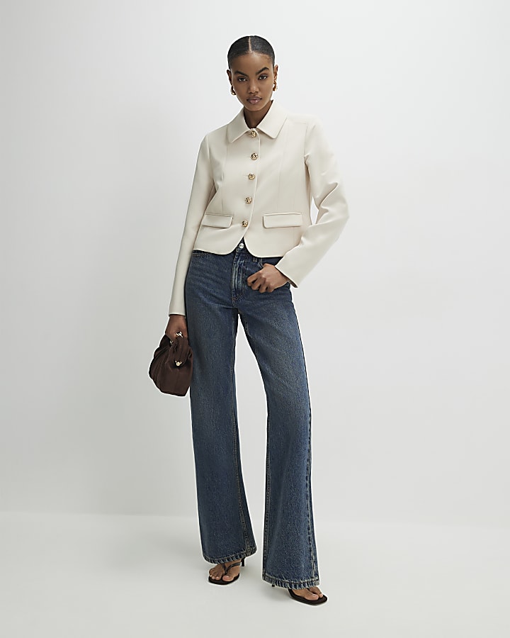 Beige Long Sleeve Collared Structured Jacket