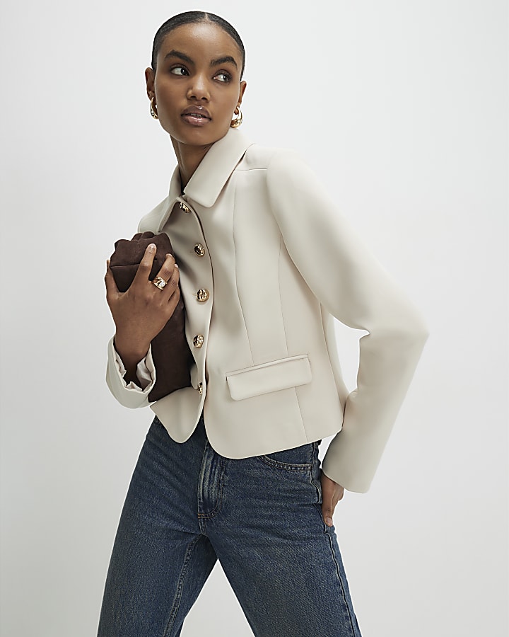 Beige Long Sleeve Collared Structured Jacket