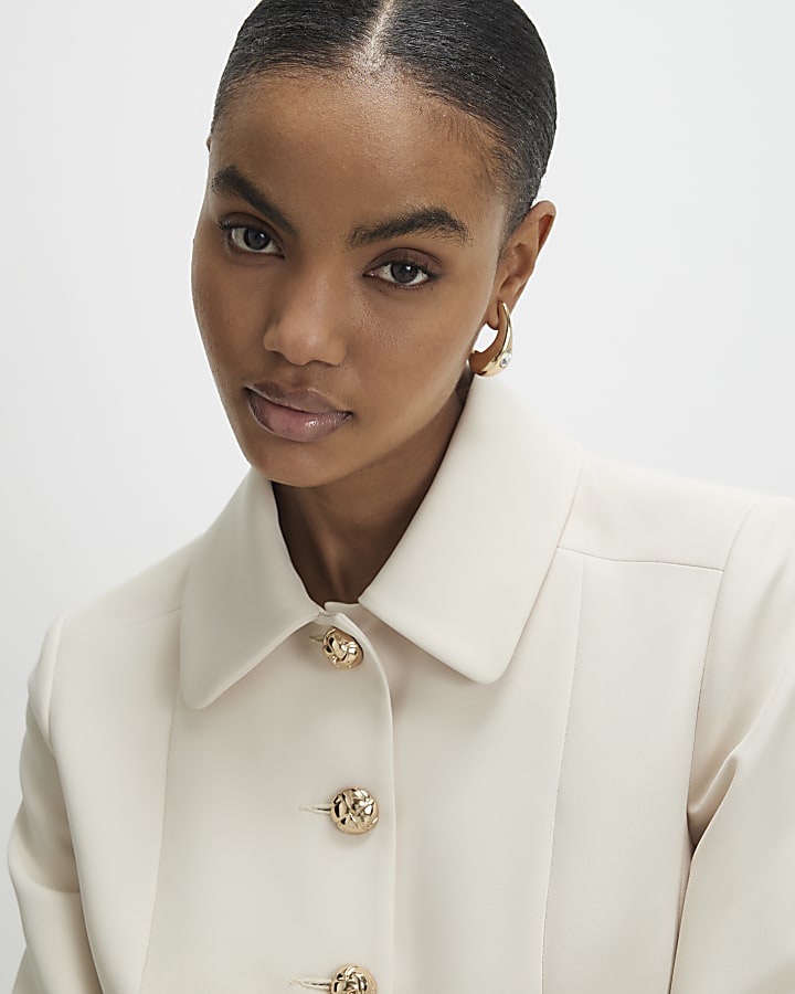 Beige Long Sleeve Collared Structured Jacket