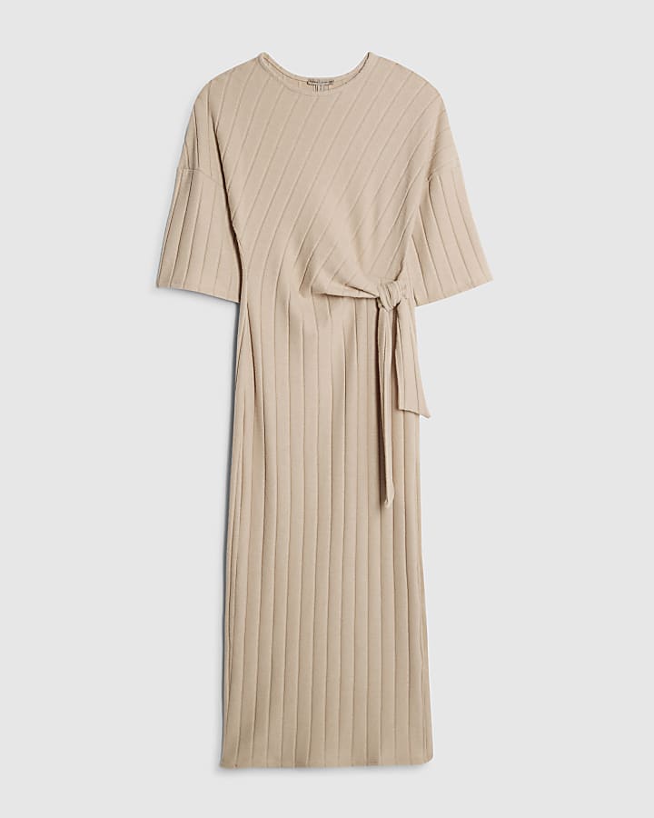 Beige Short Sleeve Wide Ribbed Cosy Dress