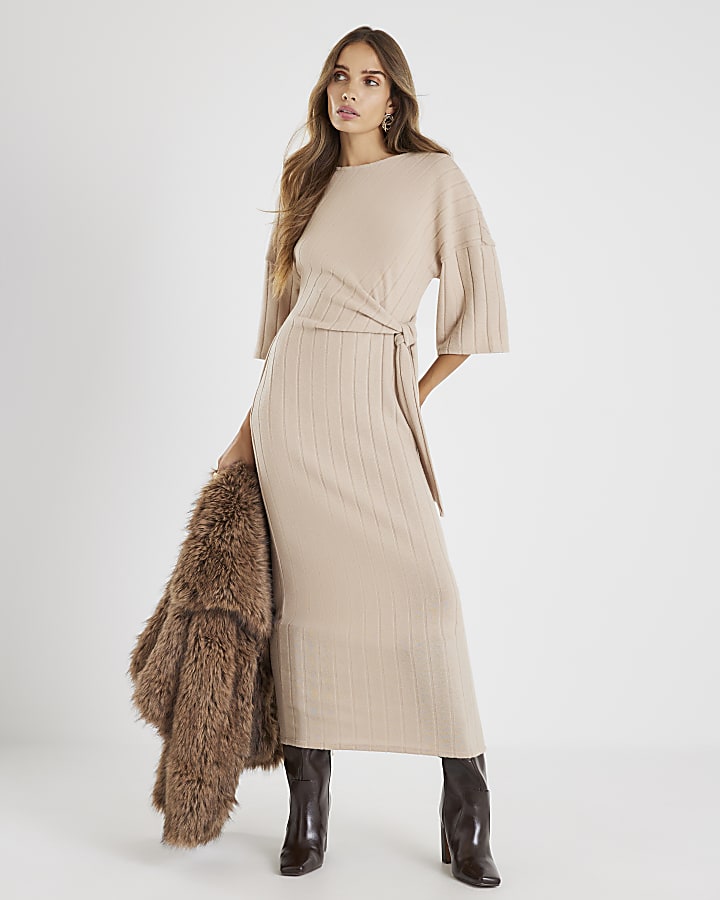 Beige Short Sleeve Wide Ribbed Cosy Dress