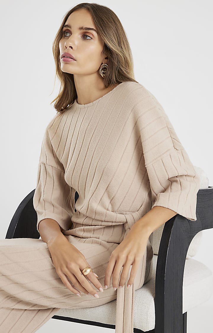 Beige Short Sleeve Wide Ribbed Cosy Dress