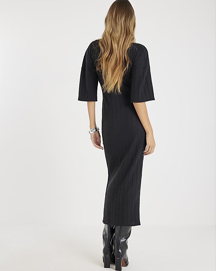 Black Short Sleeve Wide Ribbed Cosy Dress