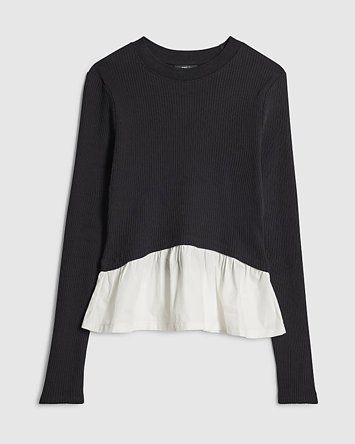 Black Long Sleeve Poplin Hem Top