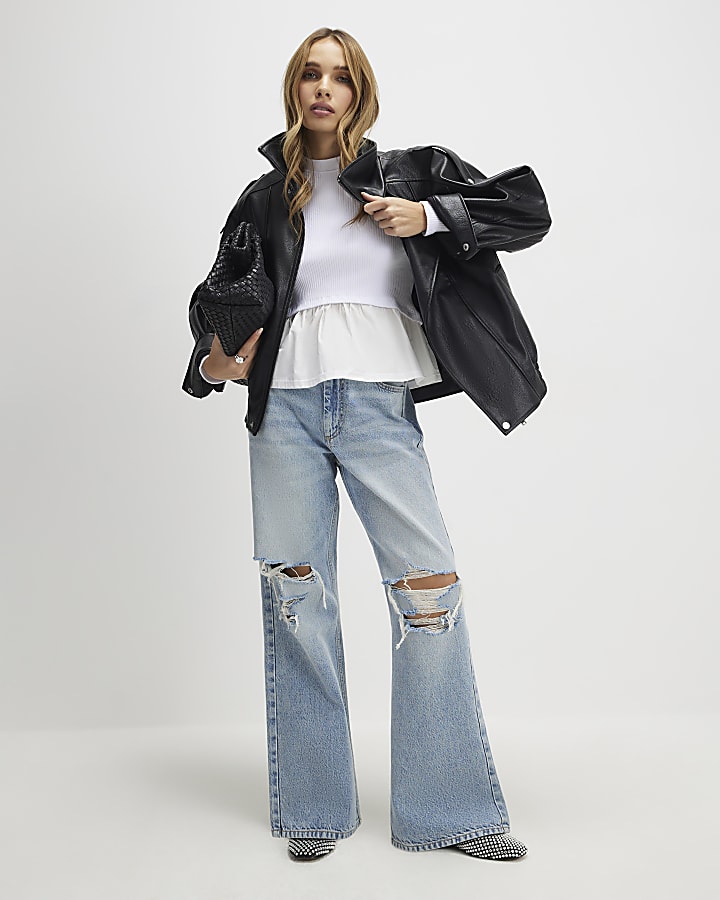 White Long Sleeve Poplin Hem Top