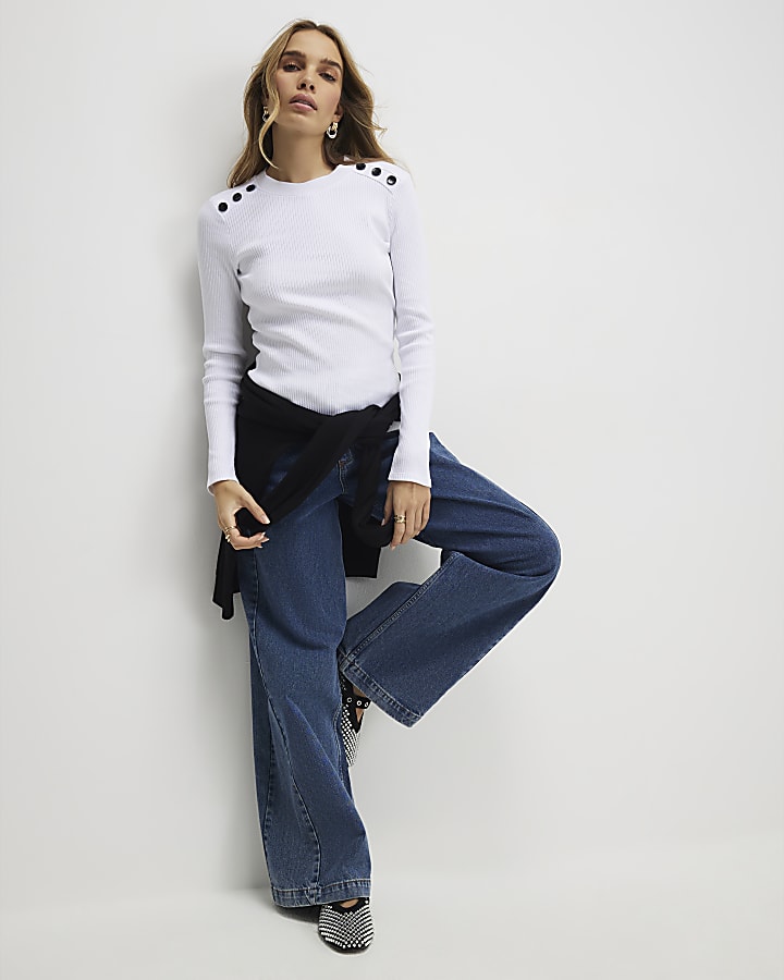 White Button Shoulder Rib Top