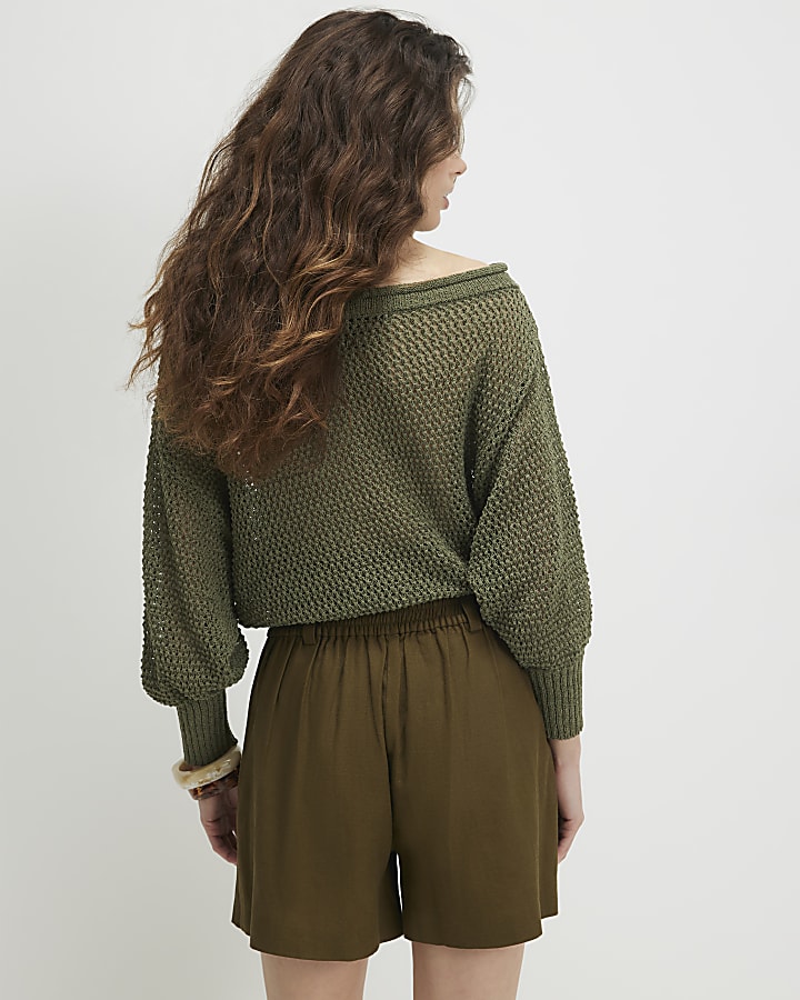 Khaki Linen Blend Tailored Shorts