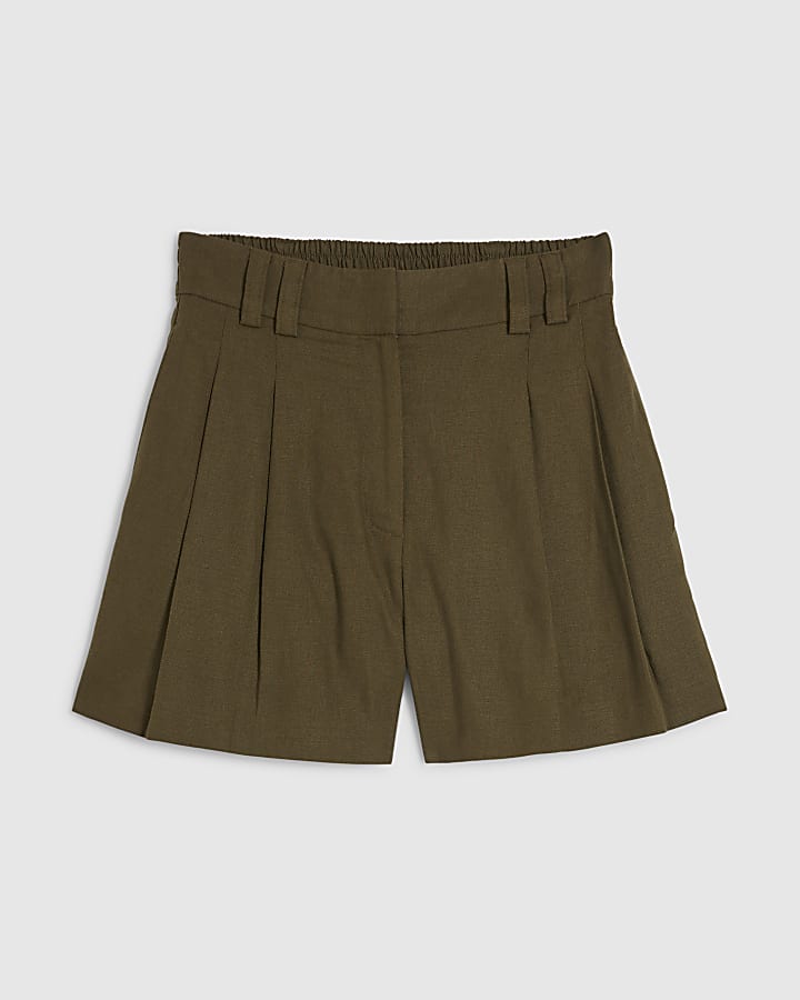 Khaki Linen Blend Tailored Shorts